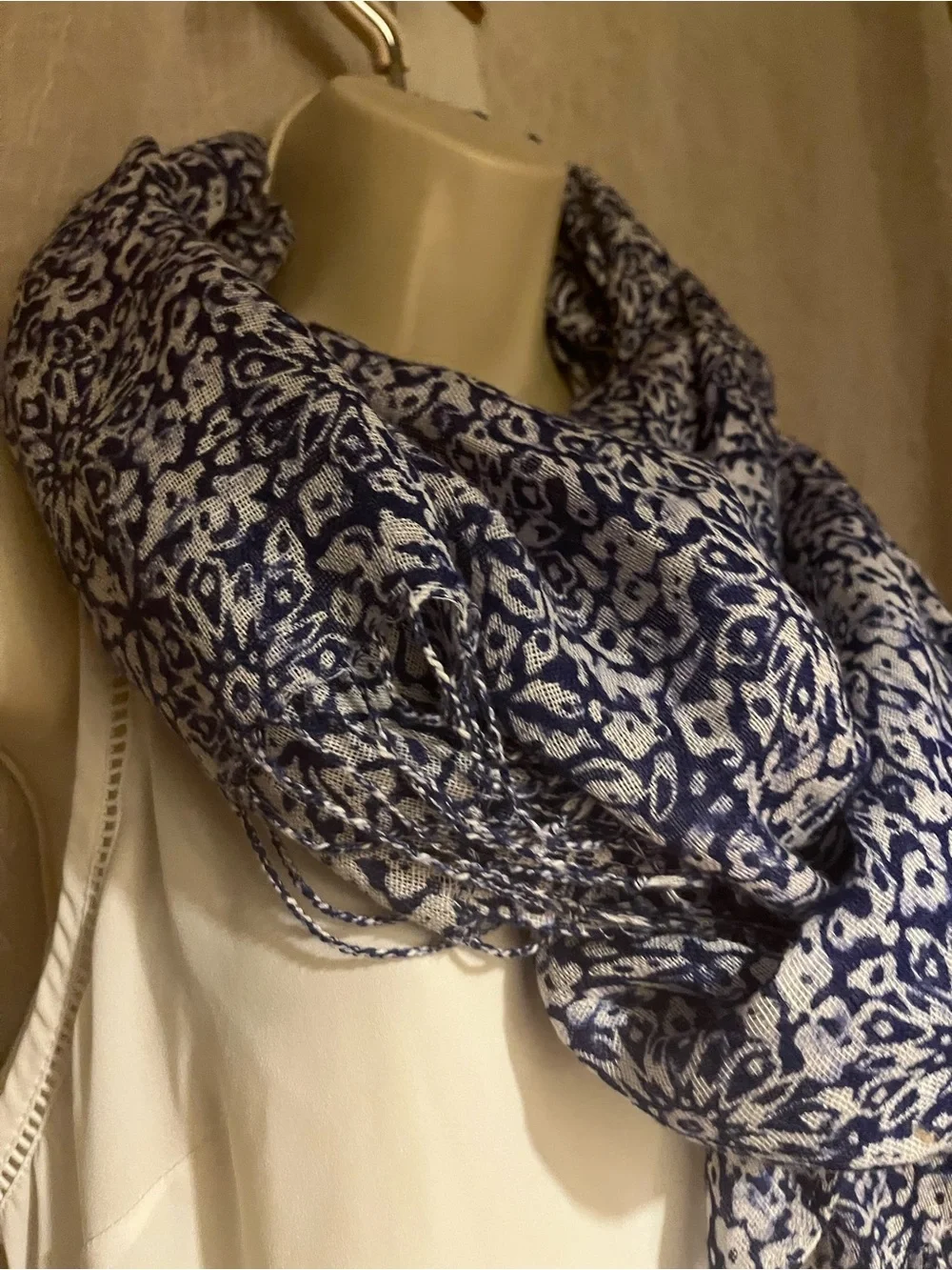 Lands' End Navy and White Floral-Print Scarf with Fringe